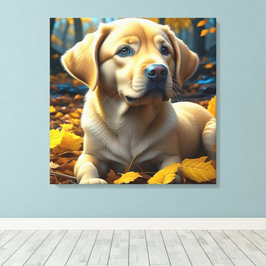 Puppy hond spelen in herfst bladeren canvas afdruk (Insitu (Houten vloer))