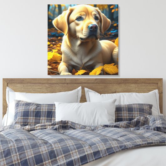 Puppy hond spelen in herfst bladeren canvas afdruk (Insitu (Slaapkamer))