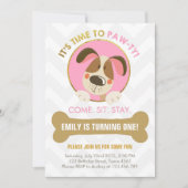 Puppy hond uitnodiging roze en Gold Paw-ty (Voorkant)