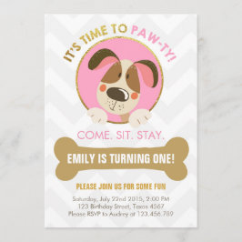 Puppy hond uitnodiging roze en Gold Paw-ty