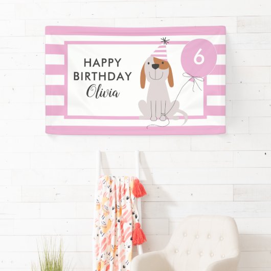 Puppy hond verjaardag banner roze strepen (Insitu)