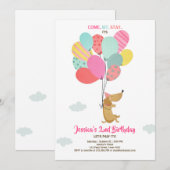 Puppy hond Verjaardag uitnodiging Ballonnen Meisje (Voorkant / Achterkant)