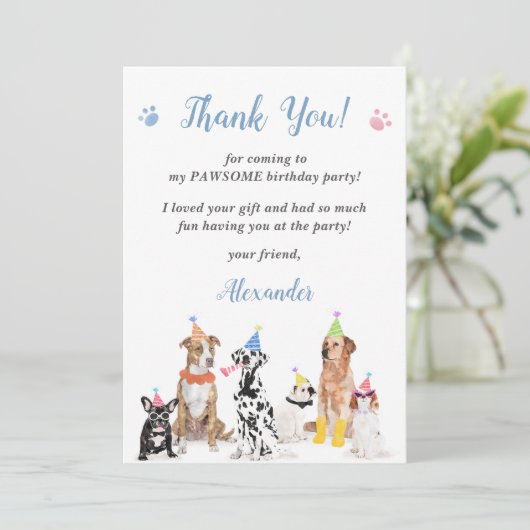 Puppy hond verjaardagsfeestje bedankje kaart (Staand voorkant)