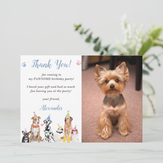 Puppy hond verjaardagsfeestje dank je kaart foto (Staand voorkant)