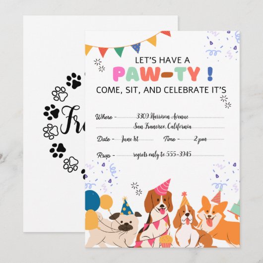 Puppy Hond Verjaardagsfeestje Puppy Paw-ty Uitnodi Kaart (Voorkant / Achterkant)