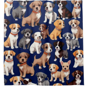 Puppy Honden Marineblauw Patroon Ontwerp Douchegordijn