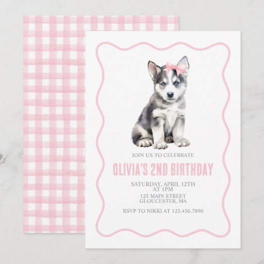 Puppy husky preppy plaid birthday invitation kaart (Voorkant / Achterkant)
