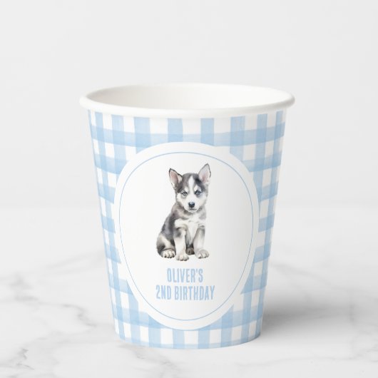 Puppy husky preppy plaid birthday papieren bekers (Voorkant)