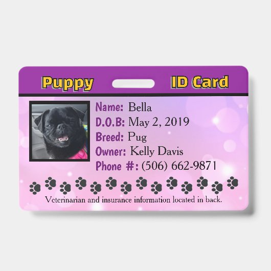 Puppy ID-kaart Badge - paarse (Voorzijde)