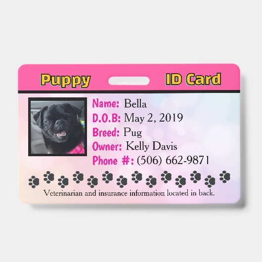 Puppy ID kaart Badge - Roze (Voorzijde)