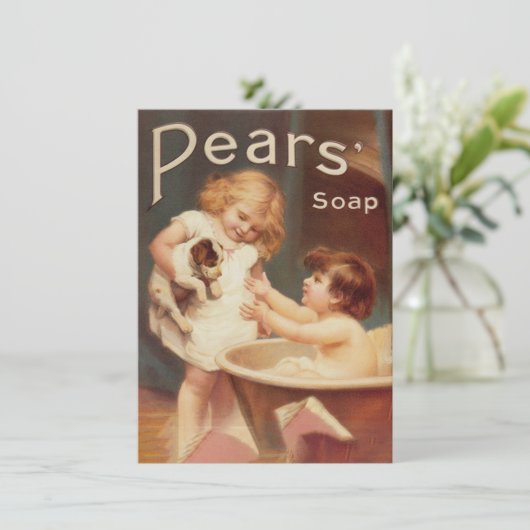 Puppy in bad vintage antiek notitiekaartje (Staand voorkant)