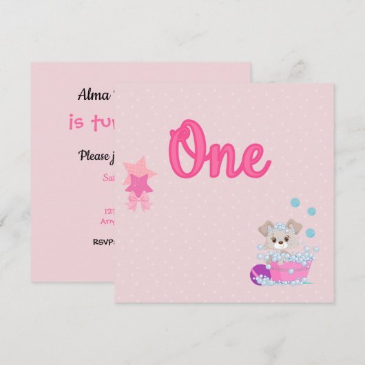 Puppy in Bath One Year Old Girl Birthday Kaart (Voorkant / Achterkant)