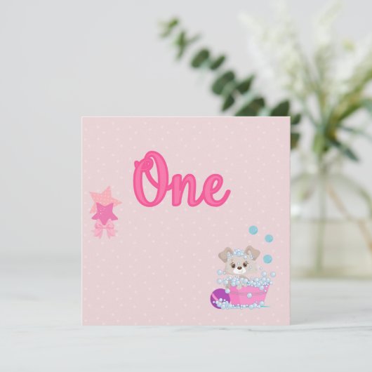 Puppy in Bath One Year Old Girl Birthday Kaart (Staand voorkant)