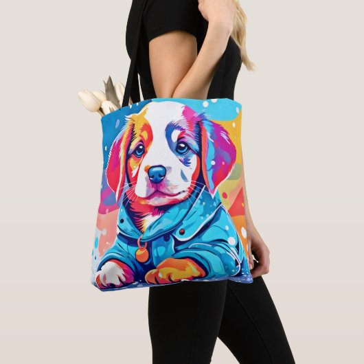 Puppy in blauwe jas ontwerp tote bag (Dichtbij)