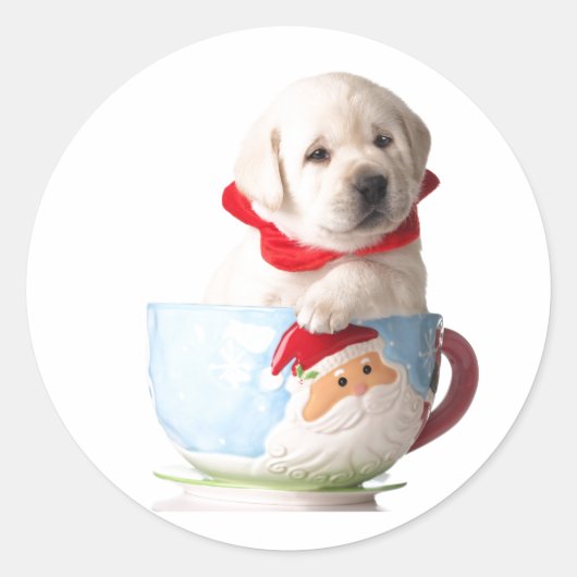 PUPPY IN EEN CUP KERST KAART ENVELOPE SEAL RONDE STICKER (Voorkant)