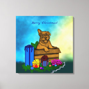 Puppy in een doos, Merry Xmas Canvas Afdruk
