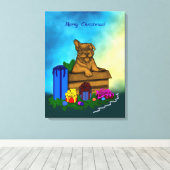 Puppy in een doos, Merry Xmas Canvas Afdruk (Insitu (Houten vloer))
