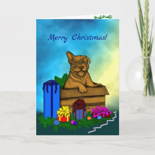 Puppy in een doos, Merry Xmas Feestdagen Kaart (Voorkant)