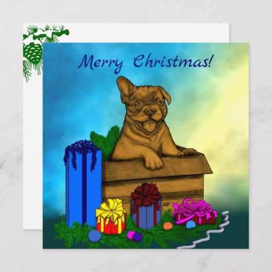 Puppy in een doos, Merry Xmas Feestdagenkaart (Voorkant / Achterkant)