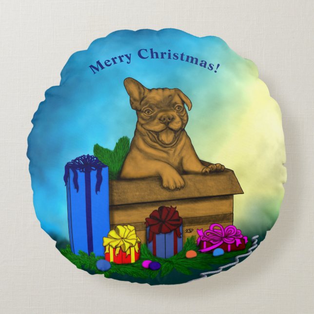 Puppy in een doos, Merry Xmas Rond Kussen (Voorkant)