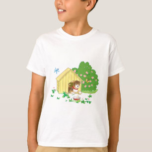 Puppy in een kennel en een bot in een kom t-shirt