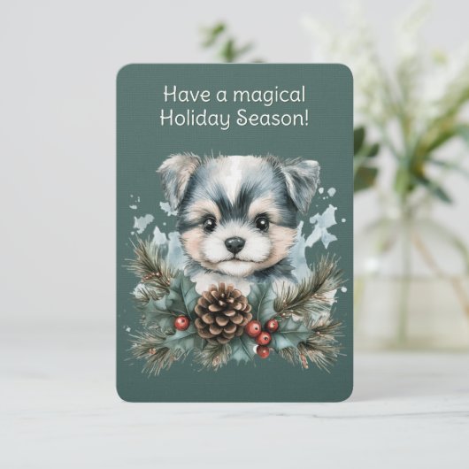 Puppy in een kerstkrans kaart (Staand voorkant)