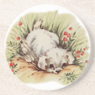 puppy in gras zandsteen onderzetter