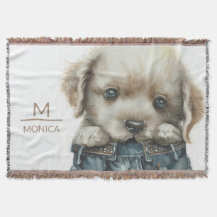 Puppy in jeans Art Monogram gepersonaliseerd Deken