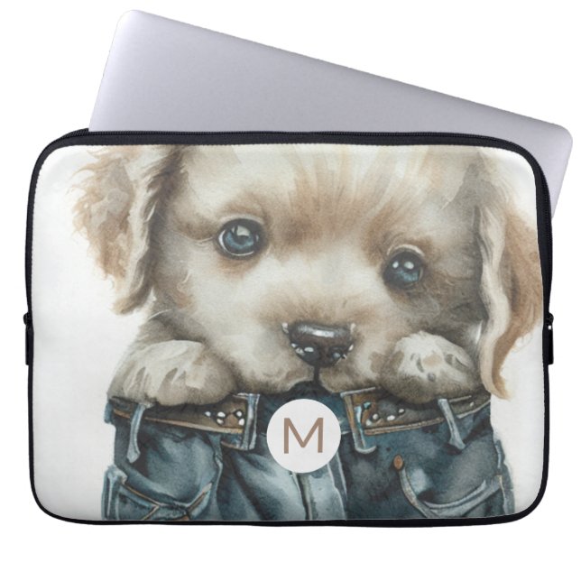 Puppy in jeans Art Monogram Laptop Mouw Laptop Sleeve (Voorkant)