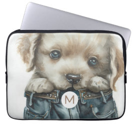 Puppy in jeans Art Monogram Laptop Mouw Sleeve