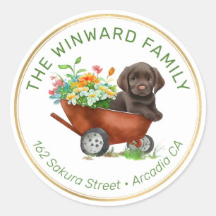 Puppy in Kruiwagen en Lente Bloemen Adres Ronde Sticker