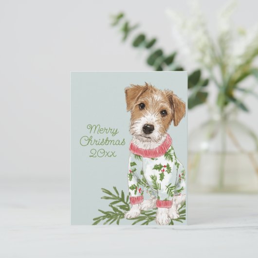 Puppy in Pajamas Blue Flat Feestdagenkaart (Staand voorkant)