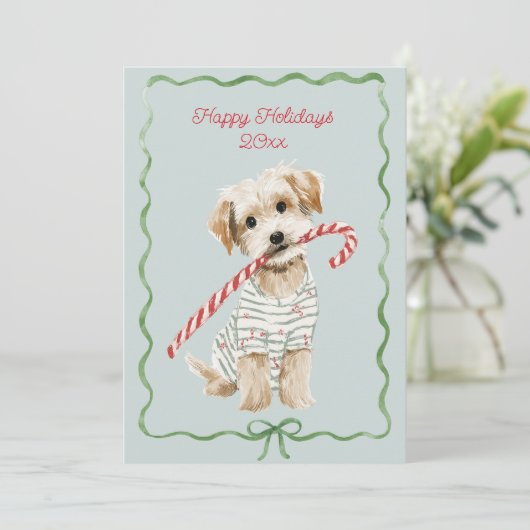 Puppy in Pajamas Blue Flat Feestdagenkaart (Staand voorkant)