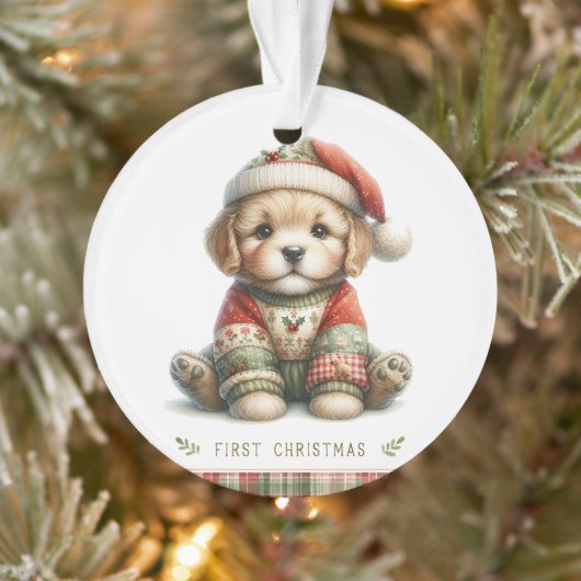 Puppy in Patchwork Sweater & Santa Hat Ornament (Boom)