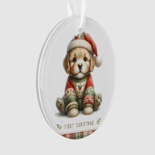 Puppy in Patchwork Sweater & Santa Hat Ornament (voorkant)