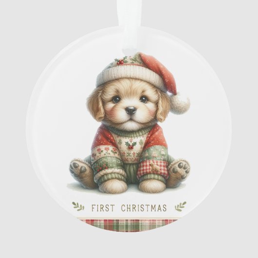 Puppy in Patchwork Sweater & Santa Hat Ornament (achterkant)