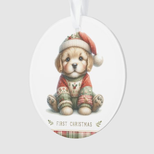 Puppy in Patchwork Sweater & Santa Hat Ornament (voorkant)