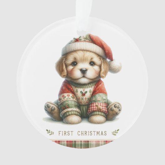 Puppy in Patchwork Sweater & Santa Hat Ornament (voorkant)