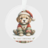 Puppy in patchwork trui en kerstmuts ornament (voorkant)