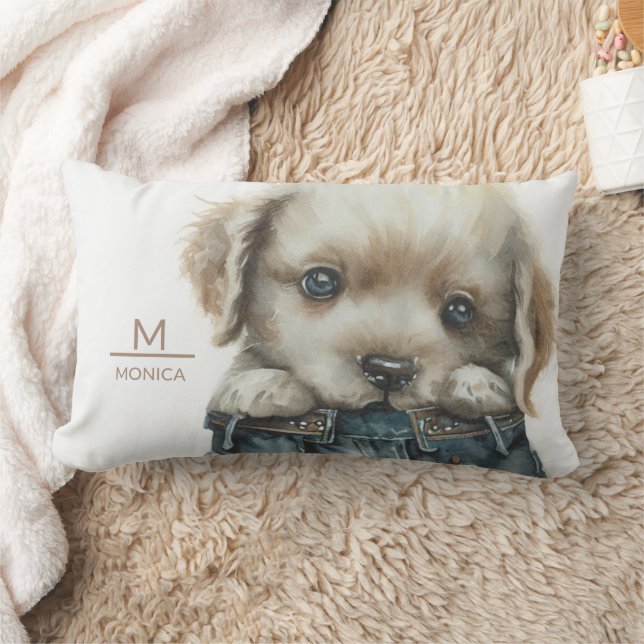 Puppy in spijkerbroek Art Monogram Sierkussen Kussen (Deken)