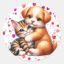 Puppy & Kat Knuffel Valentijnsdag Schattige Ronde Sticker
