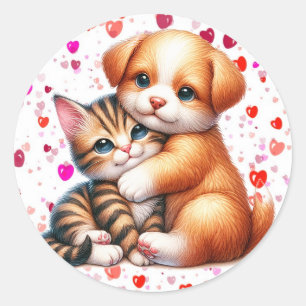 Puppy & Kat Knuffel Valentijnsdag Schattige Ronde Sticker