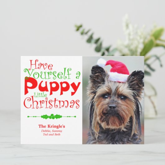 Puppy kerstfeestdag foto-kaart feestdagenkaart (Staand voorkant)