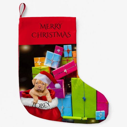 Puppy kerstmis met aangepaste naam. kleine kerstsok (Voorkant)