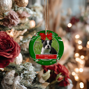 Puppy Kitten eerste kerstrode groene Holly Berries Keramisch Ornament