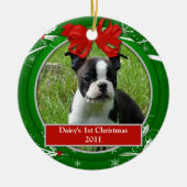 Puppy Kitten eerste kerstrode groene Holly Berries Keramisch Ornament (Voorkant)