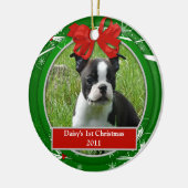 Puppy Kitten eerste kerstrode groene Holly Berries Keramisch Ornament (Links)