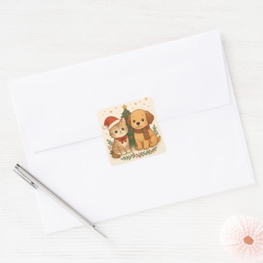 Puppy & Kitten Kerstvreugde Vierkante Sticker (Envelop)