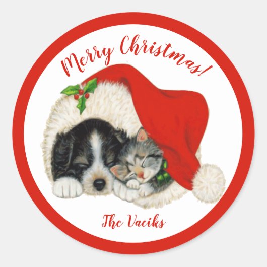 Puppy & Kitten Merry-kerstkaartjes Ronde Sticker (Voorkant)