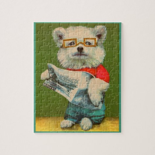 puppy leest krant legpuzzel (Verticaal)